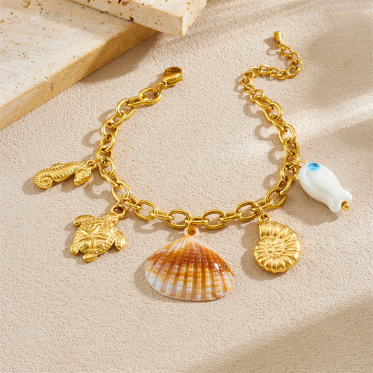 Fashion Gold Plated Stainless Steel Animal Pendant Bracelet with Turtle and Conch Elements for Women