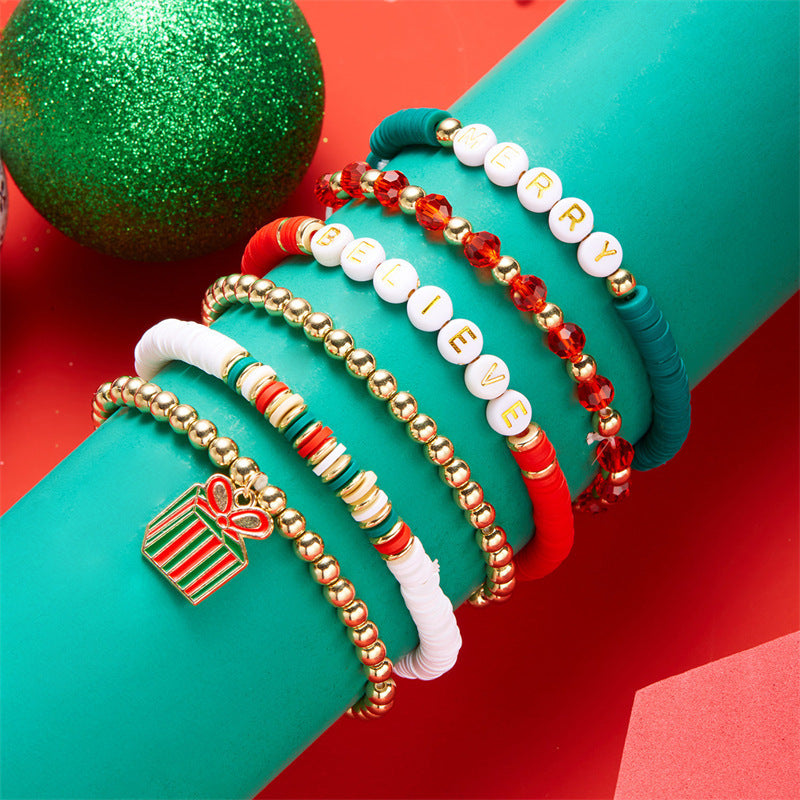 Casual Geometric Resin and Crystal Beaded Bracelet with Snowflake and Christmas Bell Charms for Women