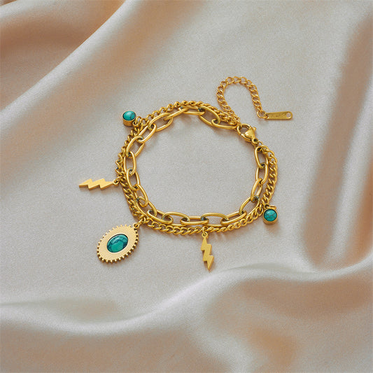 Pulsera de Rayo Ovalada de Turquesa de Acero de Titanio de Doble Capa Minimalista Vintage para Mujer