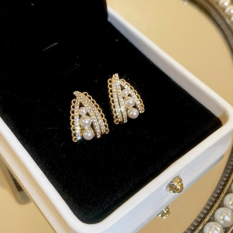 Pendientes de perlas geométricos para mujer con detalles de circonitas, postes de acero galvanizado, estilo retro lujoso y elegante para otoño e invierno
