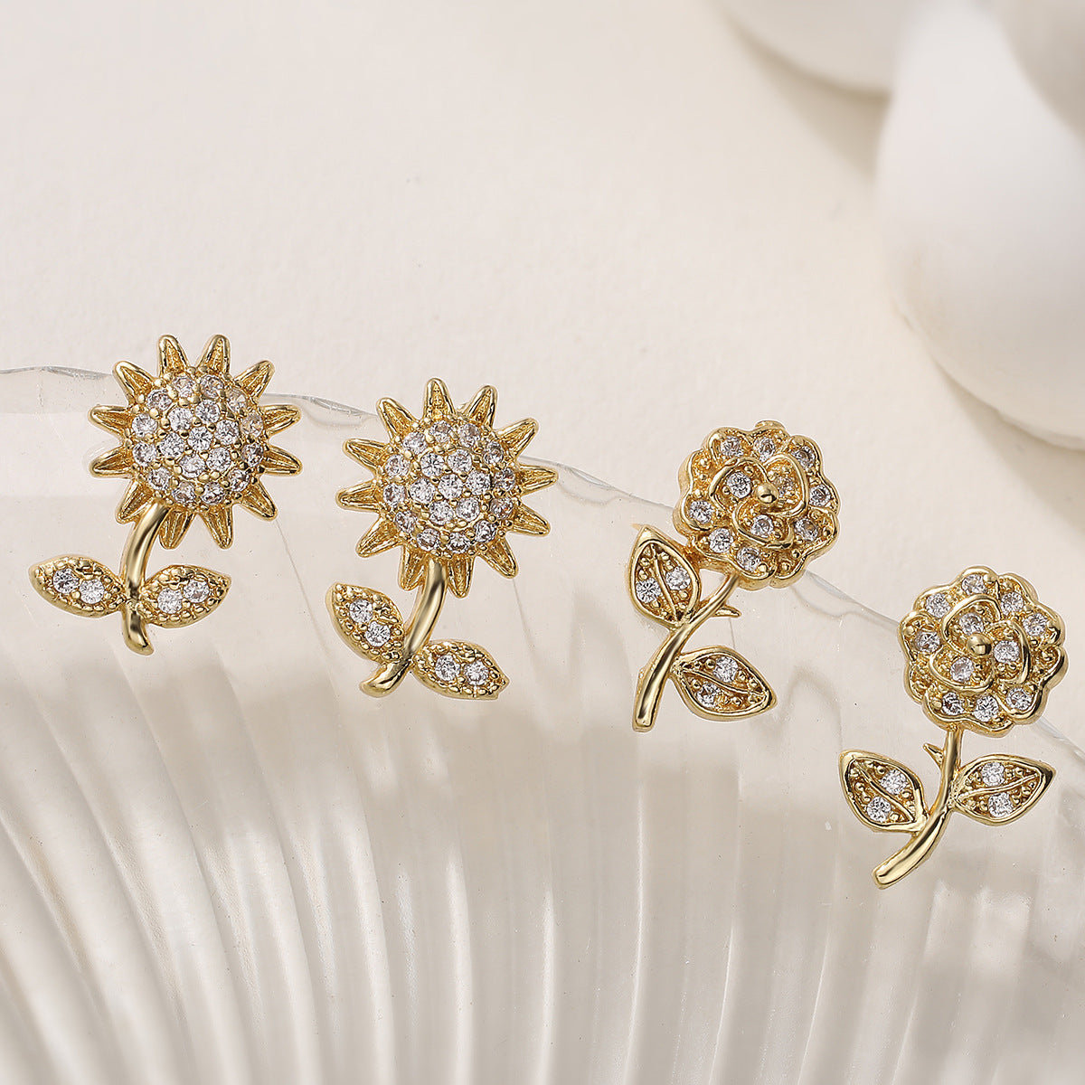 Elegant 18K Gold Plated Brass Floral Geometric Cubic Zirconia Stud Earrings for Women