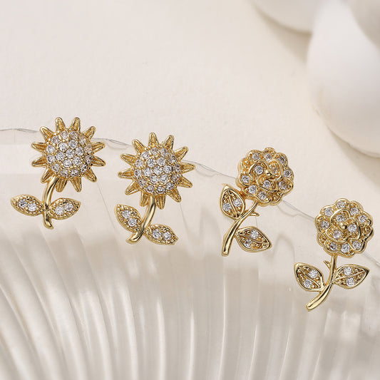 Elegant 18K Gold Plated Brass Floral Geometric Cubic Zirconia Stud Earrings for Women