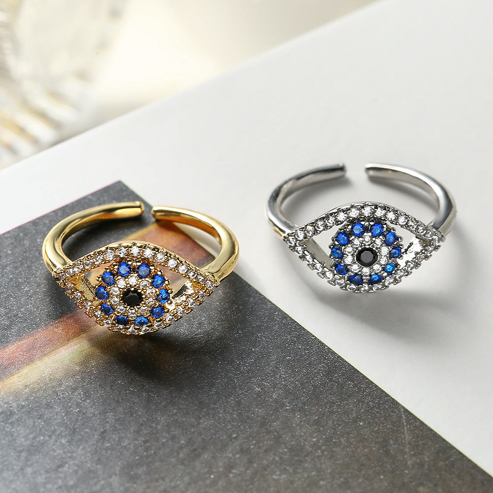 Minimalist Geometric Copper Ring with Gold Plating and Zircon Inlay Evil Eye Design for Women