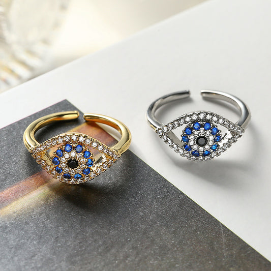 Anillo Minimalista Geométrico de Cobre con Baño de Oro y Diseño de Ojo Turco con Incrustaciones de Circonita para Mujer