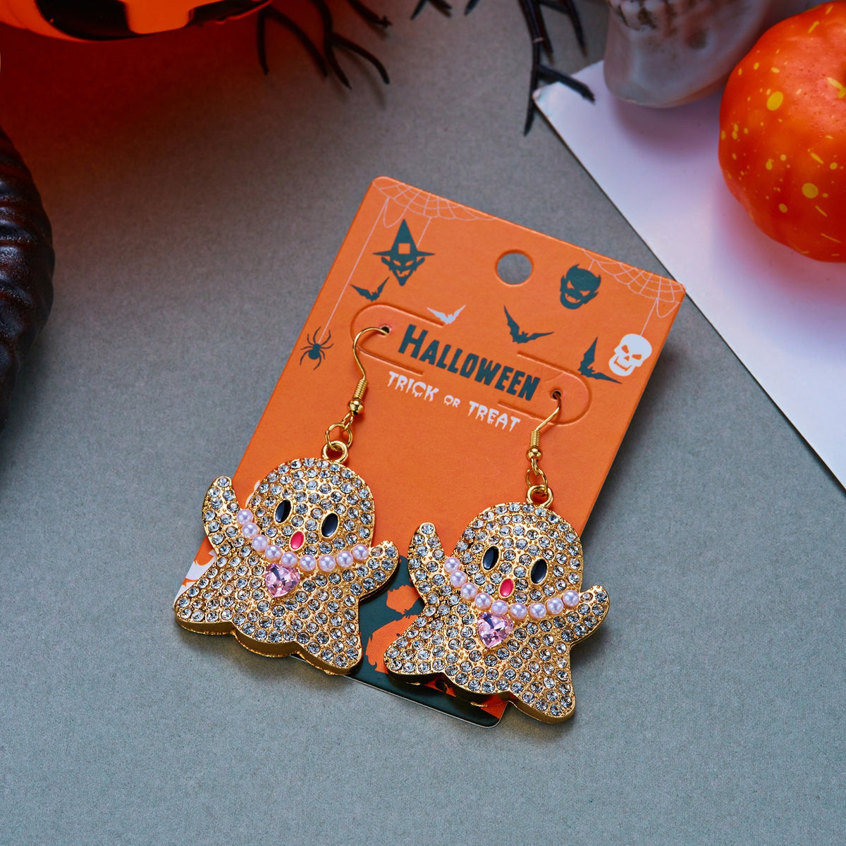Gothic Cartoon Ghost Alloy Earrings with Inlaid Pearl for Women