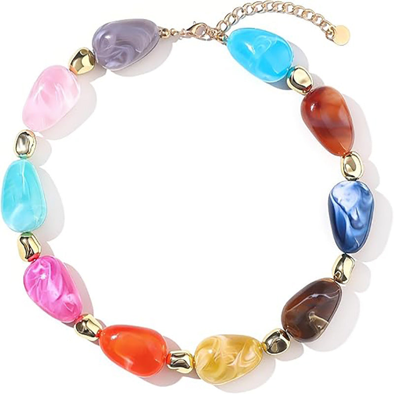 Bohemian Casual Geometric Oval Resin Polished Pendant Ball Chain Necklace for Women