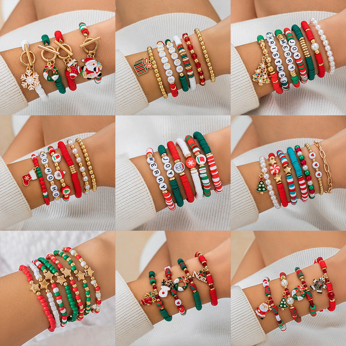 Casual Cartoon Resin Beaded Bracelet Set with Snowflake and Deer Charms for Women Christmas Gift
