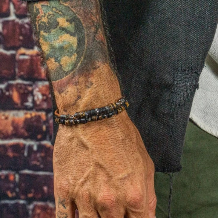 Vintage Hip-hop Punk Round Geometric Wood Bead Leather Bracelet with Magnetic Clasp for Men and Women