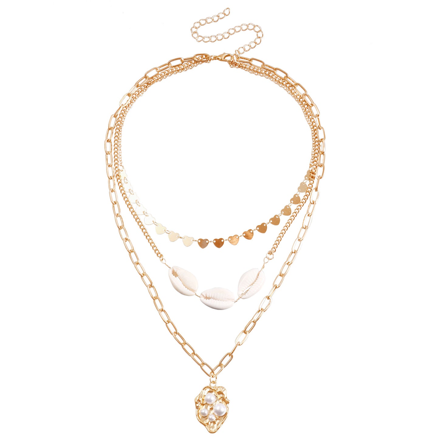 Punk Style Layered Heart Shaped Shell Necklace for Women with Electroplated Metal Pendant and Ocean Inspired Design