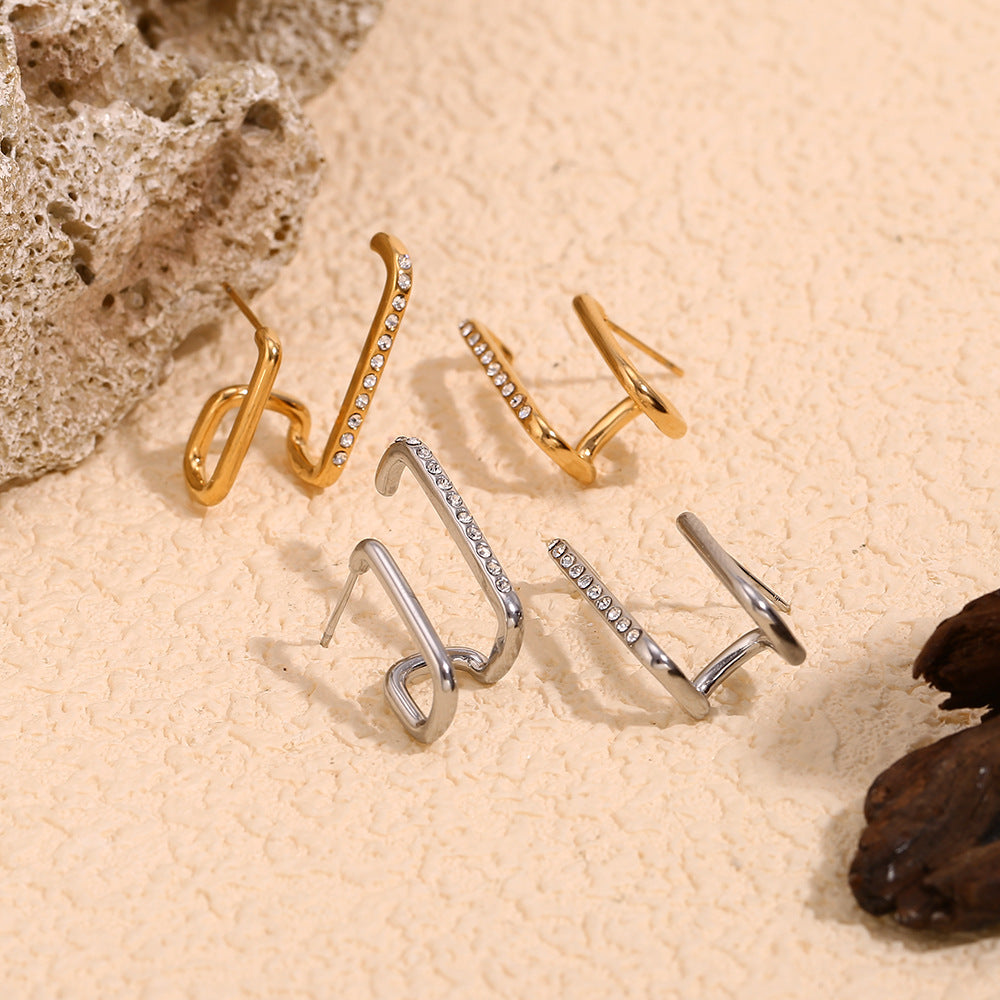 Minimalist Geometric Stainless Steel Earrings with 18K Gold Plating for Women Asymmetric Double-Layer Studs
