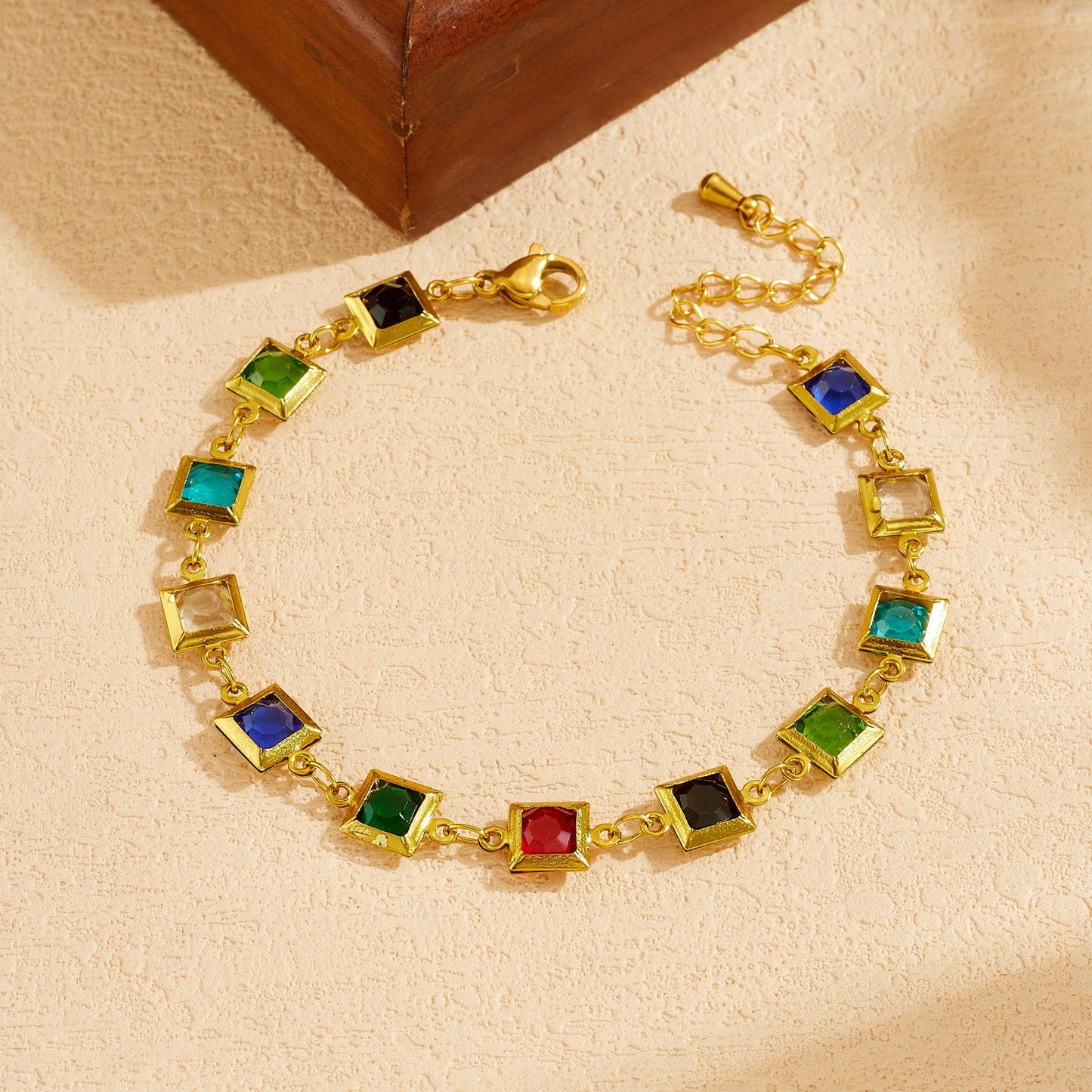 Gold Plated Stainless Steel Square Rhinestone Crystal Necklace Bracelet Set for Women