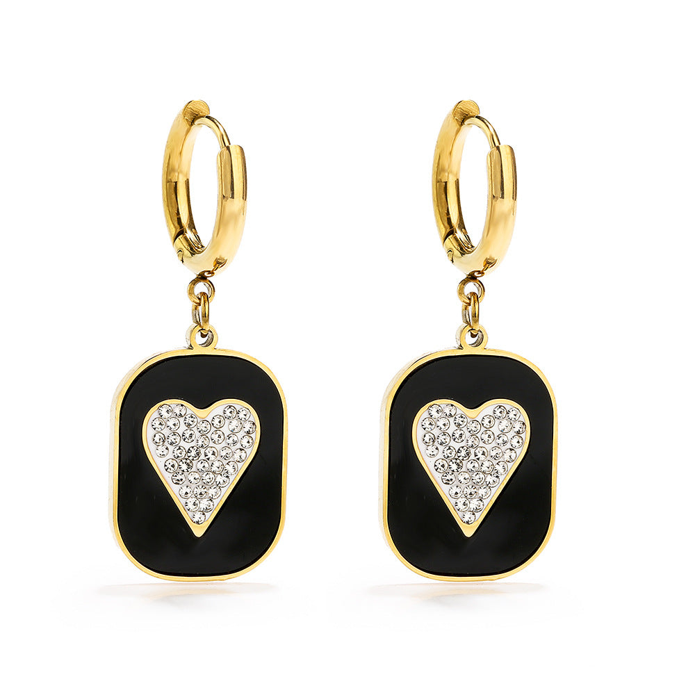Orecchini da donna in acciaio al titanio a forma di cuore, geometrici e vintage, con intarsi in strass