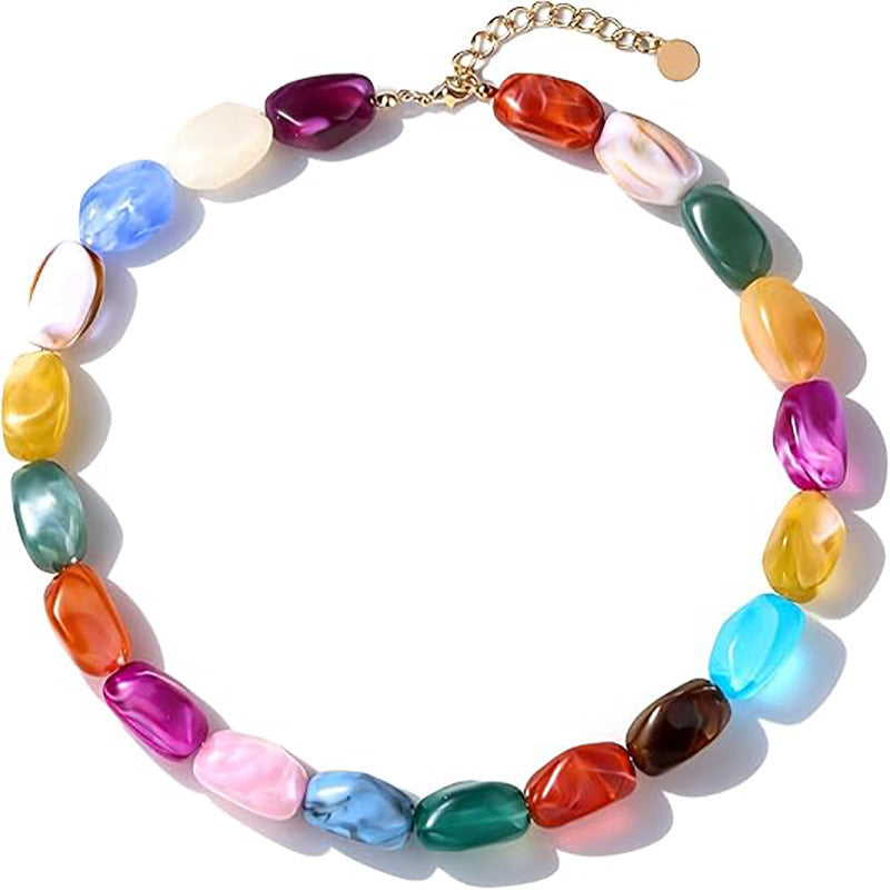 Bohemian Casual Geometric Oval Resin Polished Pendant Ball Chain Necklace for Women