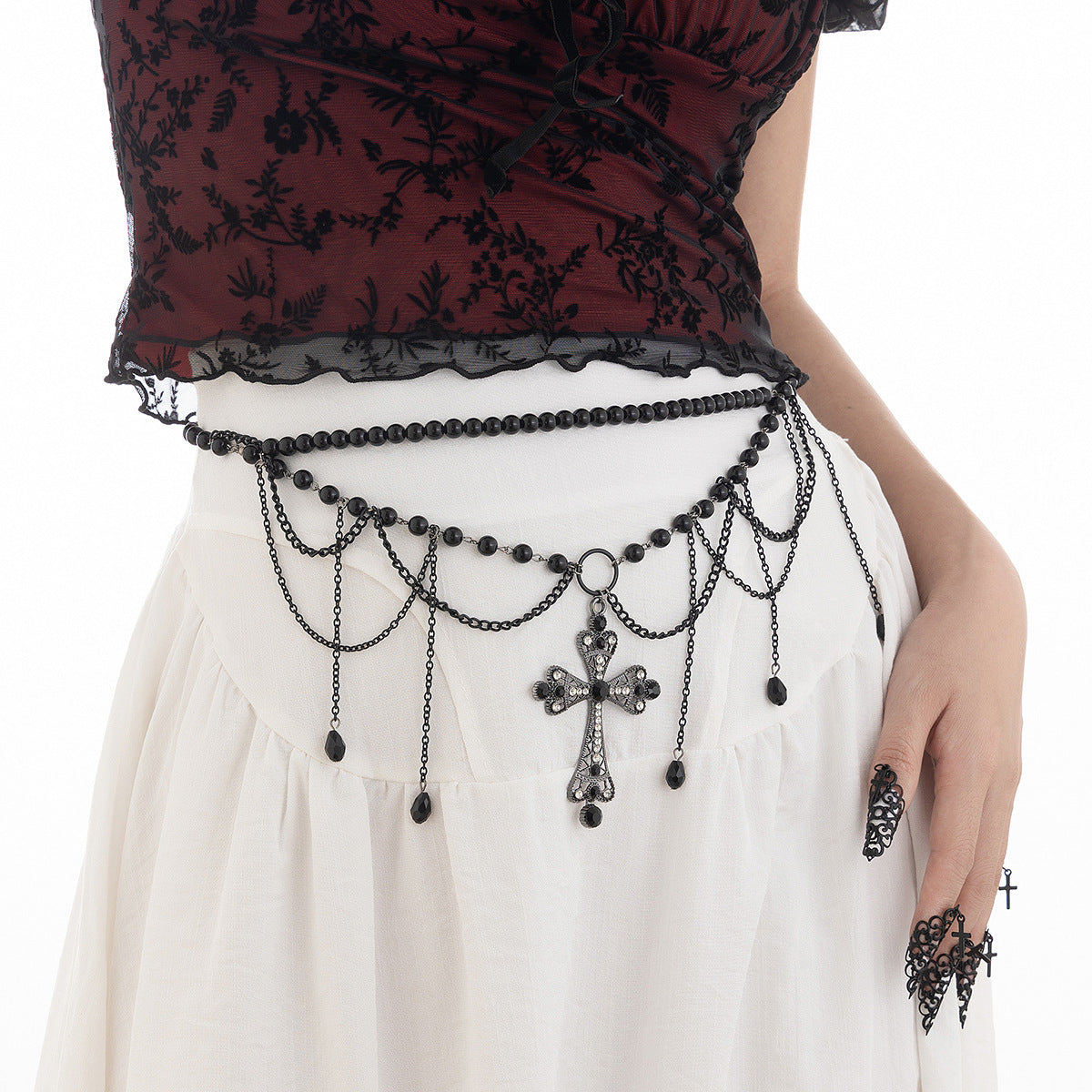Gothic Multi-Layer Cross Body Chain with Tassel and Crystal Accents for Women