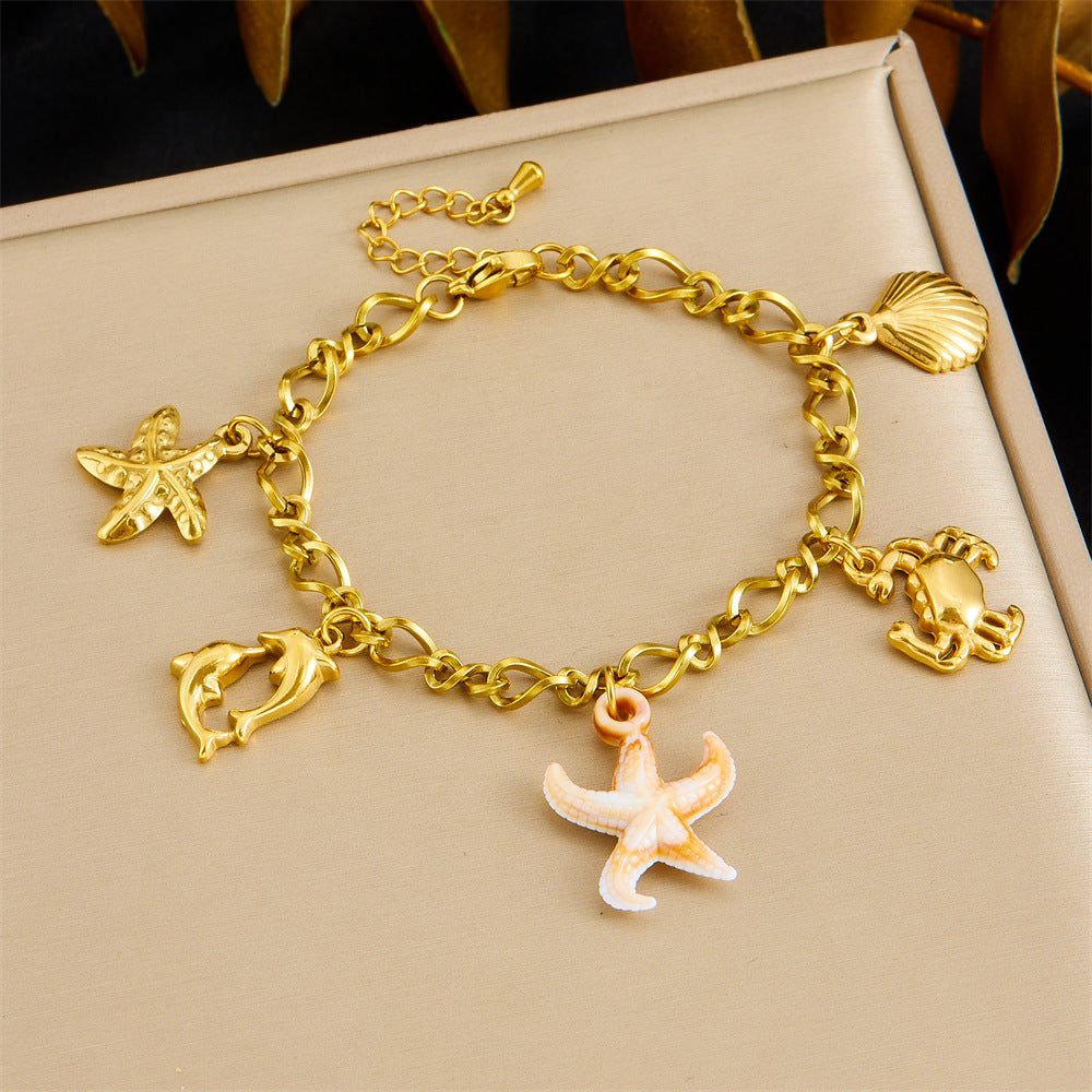 Stainless Steel Plated Animal Starfish Crab Dolphin Shell Pendant Chain Bracelet for Women