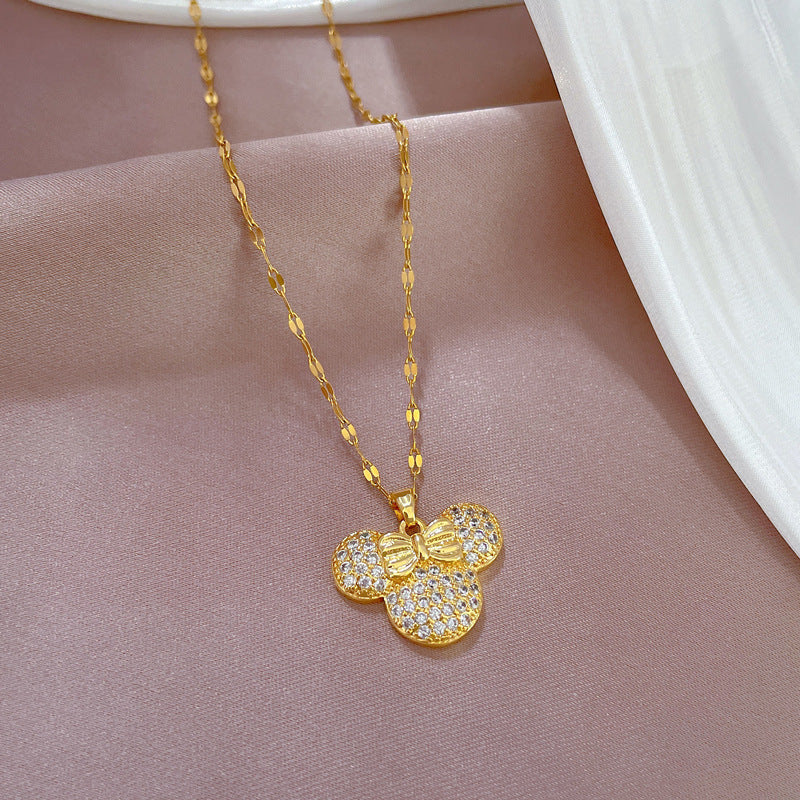 Luxury Sweet Geometric Rhinestone Mouse Pendant Necklace in Titanium Steel Chain