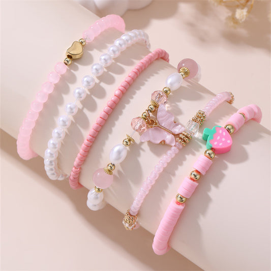 Handmade Children's Bracelet Set with Butterfly and Strawberry Charms Resin Beads White Crystal Accents Princess Style for Girls Ages 6 to 10
