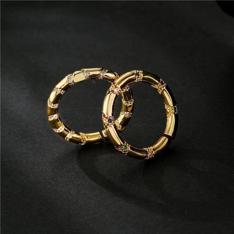 18K Gold Plated Geometric Brass Ring with Micro-Inlaid Cubic Zirconia for Women