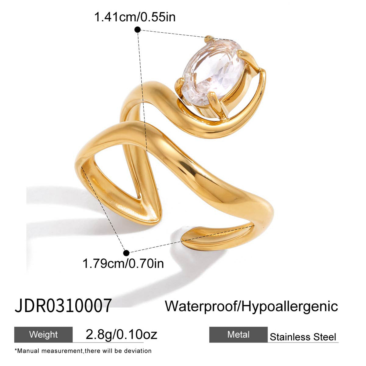 Anello Geometrico Minimalista in Acciaio Inox da Donna con Accenti in Zirconia, Placcato Oro PVD Sottovuoto, Ipoallergenico e Resistente allo Sbiadimento