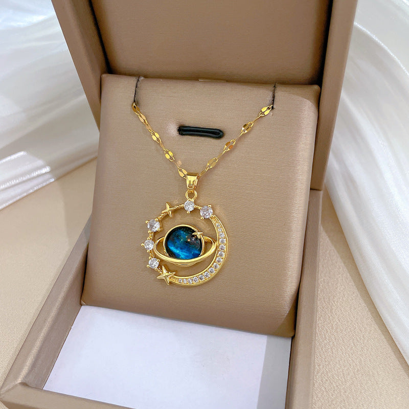 Collar de lujo de acero de titanio geométrico de estrella y luna con incrustaciones de diamantes de imitación para mujer y hombre