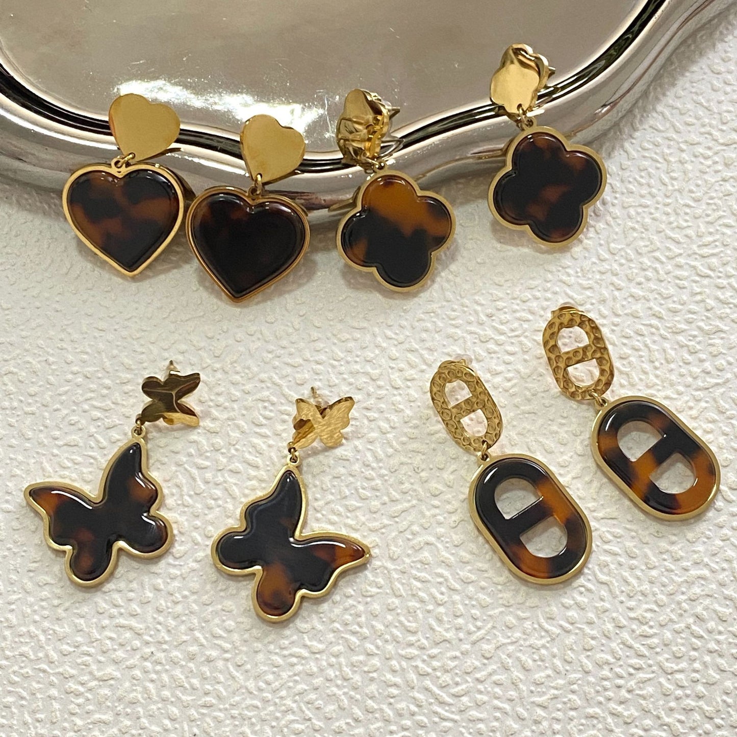 Unique Geometric Butterfly Heart Clover Shell Inlay Stainless Steel Earrings for Unisex