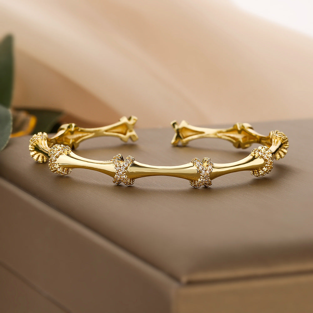 Minimalist Bamboo-Shaped Open Bangle for Women Made of Brass with Real Gold Plating and Micro-Paved Zirconia