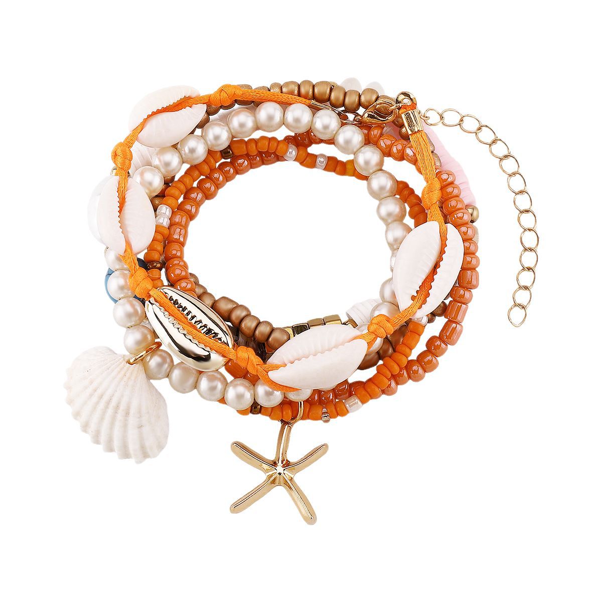 Set di braccialetti bohémien fatti a mano con perline e ciondoli a conchiglia e stella marina, base in lega con perle simulate e perline in vetro