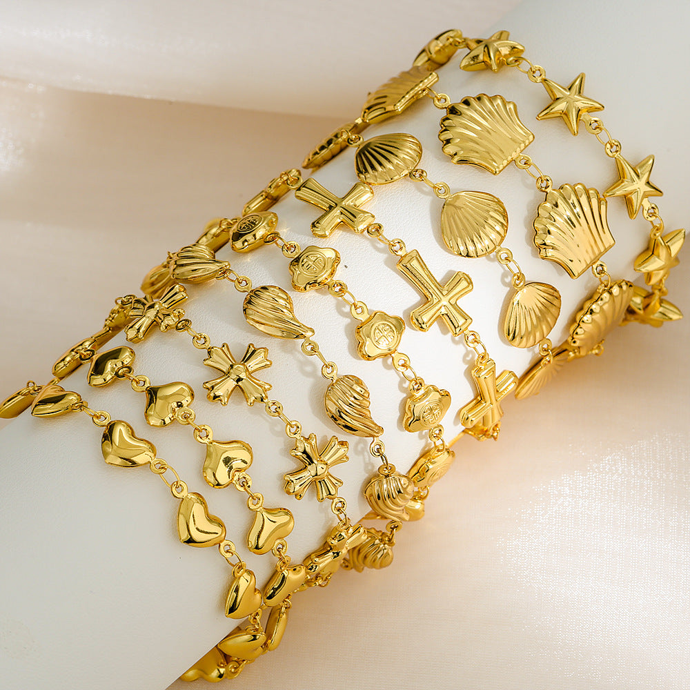 Bracciale a goccia in acciaio inossidabile cavo con conchiglia hip hop, forma a cuore geometrica a goccia d'acqua e accento a croce placcato oro
