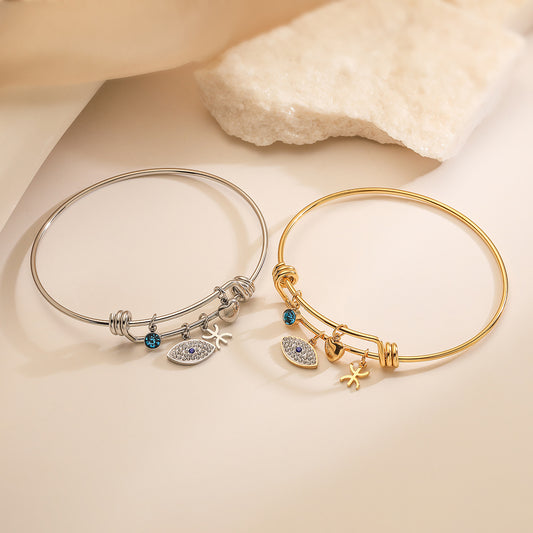 Pulsera minimalista de cobre chapado con circonitas y colgante geométrico de ojo turco para mujer
