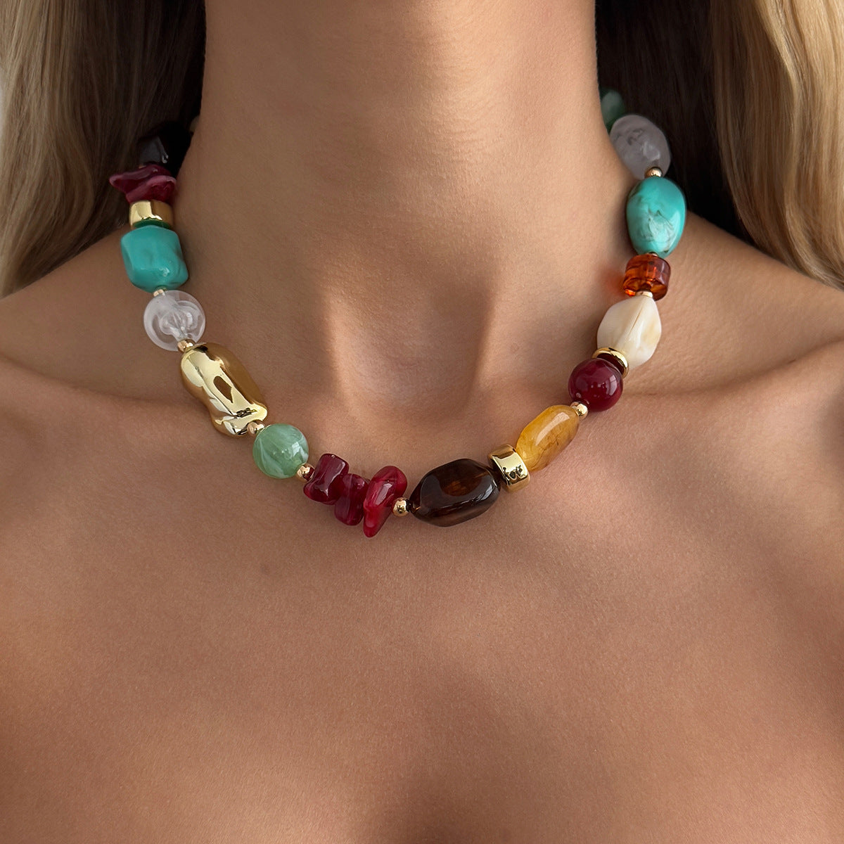 Vintage Geometric Oval Resin and Imitation Pearl Beaded Necklace for Women