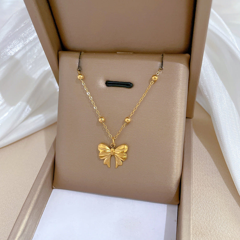Collar de cadena de cuentas de mariposa, de acero de titanio chapado, con colgante geométrico floral, para mujer