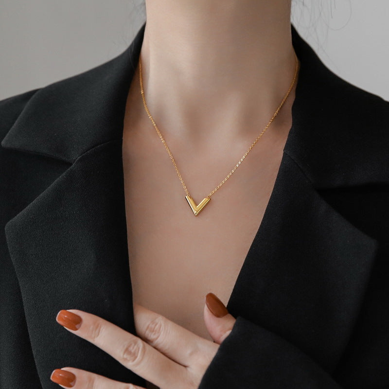 Minimalist Luxe V-Shaped Pendant Necklace for Women in Titanium Steel with Gold Plating Snake Chain