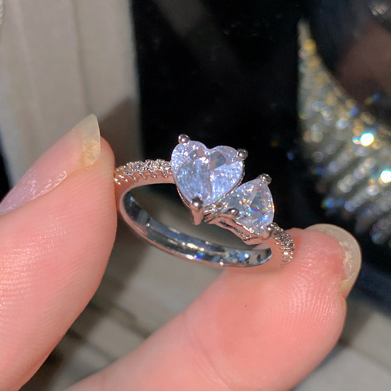 Sweet Elegant Heart Butterfly Brass Ring with Cubic Zirconia Handmade Adjustable