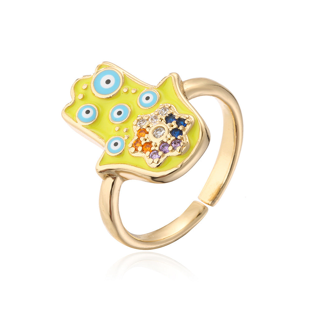 Ins Style Geometric Shaped Copper Ring with Gold Plating and Enamel Evil Eye and Hamsa Hand Design