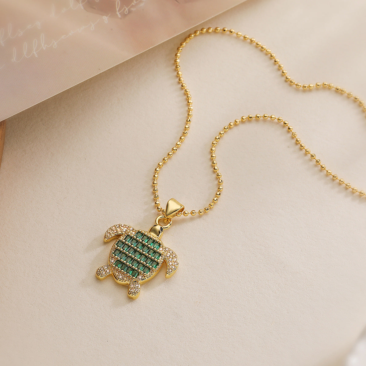 Minimalist Turtle Pendant Necklace for Women with Copper Base Plated in 18K Gold and Zircon Inlay