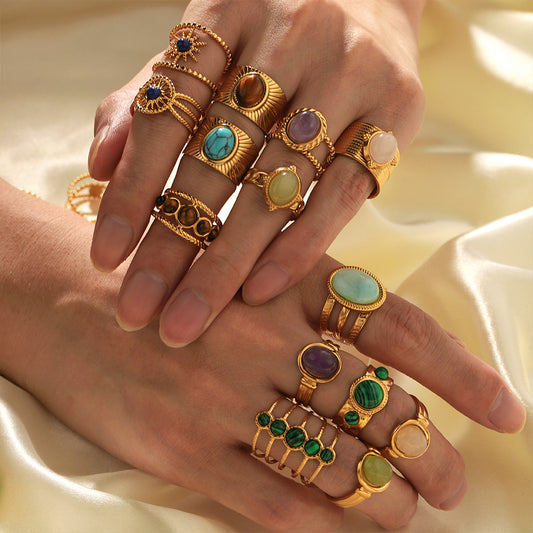 Anello vintage geometrico rotondo in acciaio inossidabile con pietra naturale verde smeraldo e placcatura in oro 18 carati