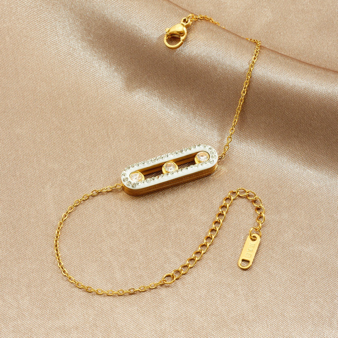 Minimalist Gold Plated Geometric Rectangle Rhinestone Pendant Stainless Steel Bracelet for Women