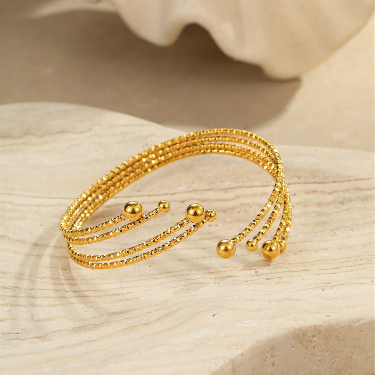Fashionable Geometric Stainless Steel Bracelet and Titanium Steel Ring with 18K Gold Plating, Engraved Detail, Non-Fading Hand Jewelry for Women