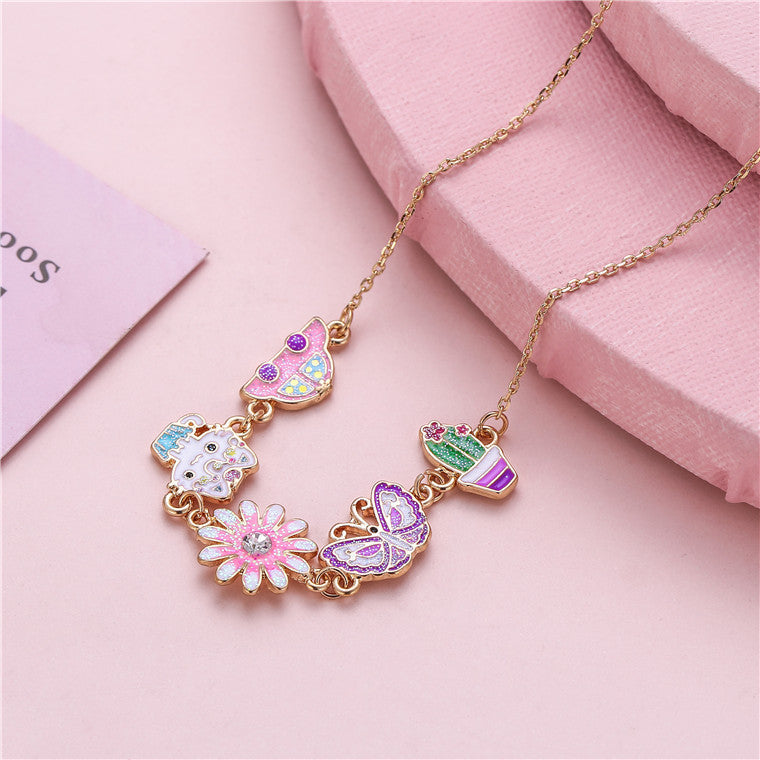 Princess Style Floral Cat and Butterfly Pendant Necklace for Kids Alloy Chain with Enamel Finish