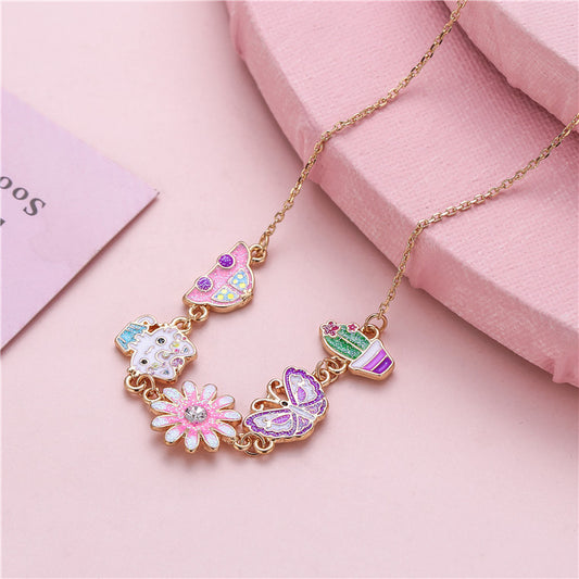Princess Style Floral Cat and Butterfly Pendant Necklace for Kids Alloy Chain with Enamel Finish