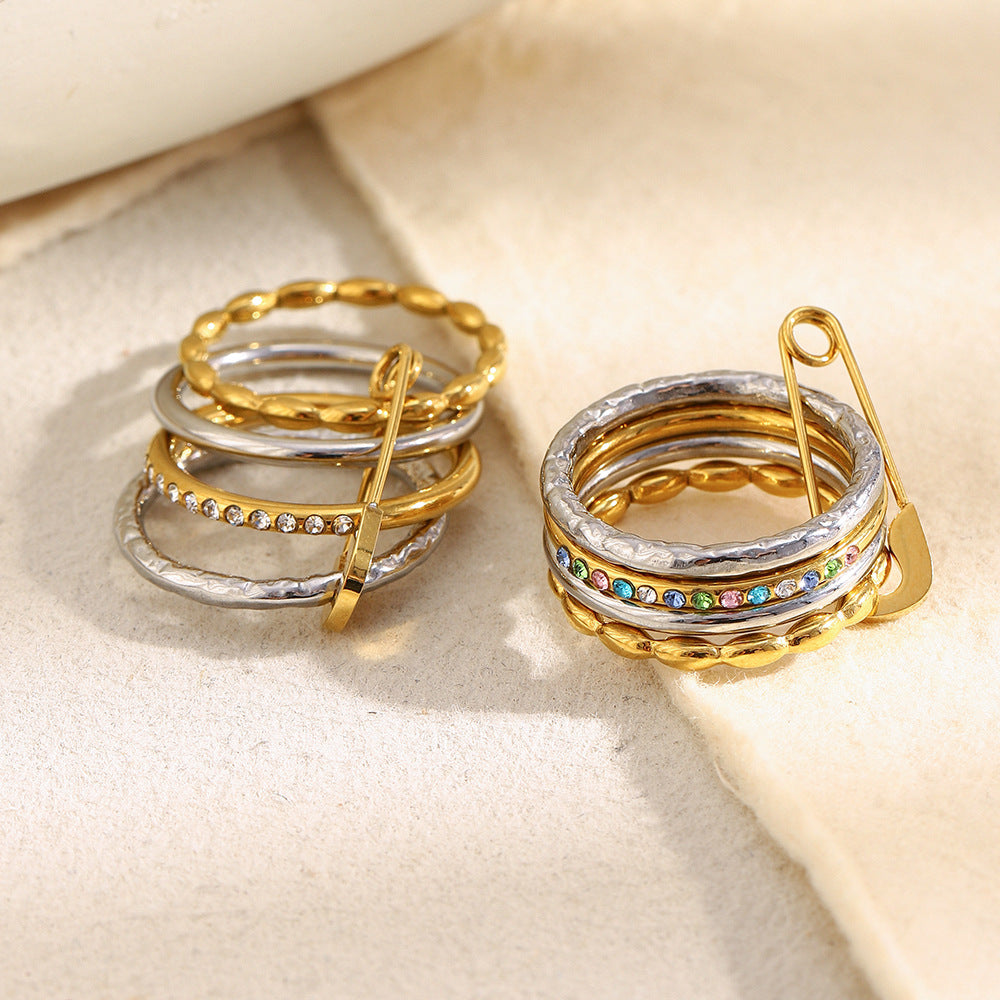 Minimalist Geometric Stainless Steel Ring with 18K Gold Plating for Women, Stackable Four-Layer Pin-Style CZ Ring