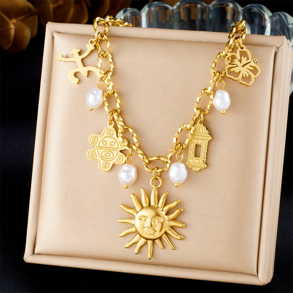 Chic Gold Plated Stainless Steel Sun Flower Geometric Pearl Pendant Necklace Cable Chain for Women