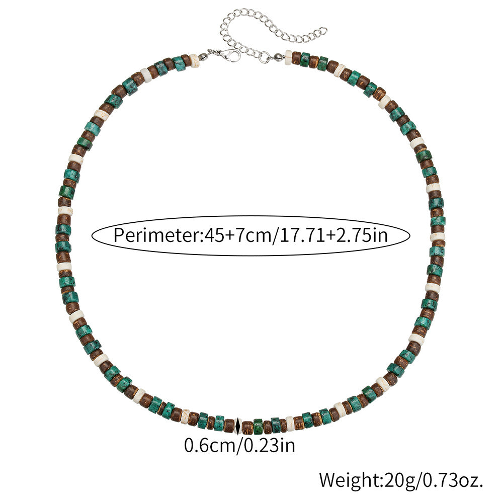 Bohemian Minimalist Geometric Round Coconut Shell Turquoise Stainless Steel Handmade Cable Chain Necklace for Unisex
