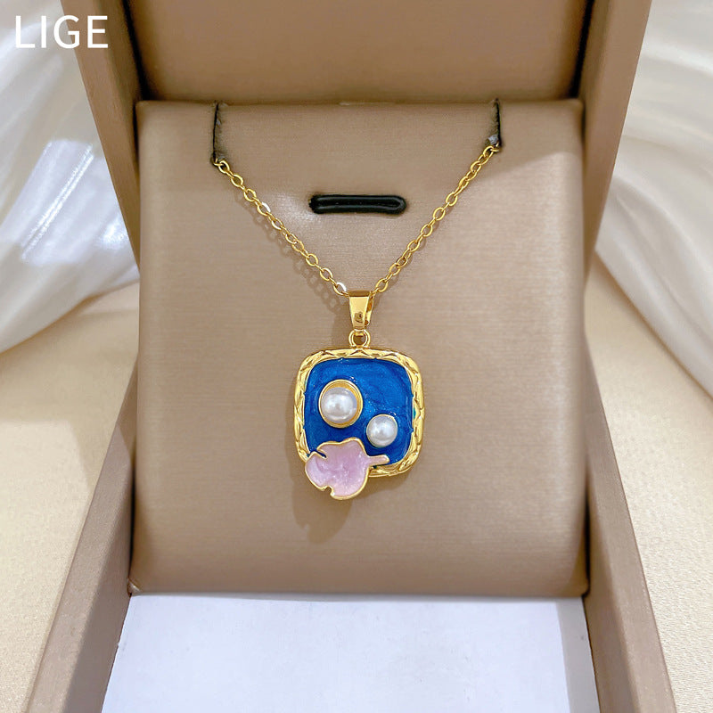 Vintage Sweet Geometric Moon Rhinestone Pendant Necklace Titanium Steel Cable Chain for Unisex