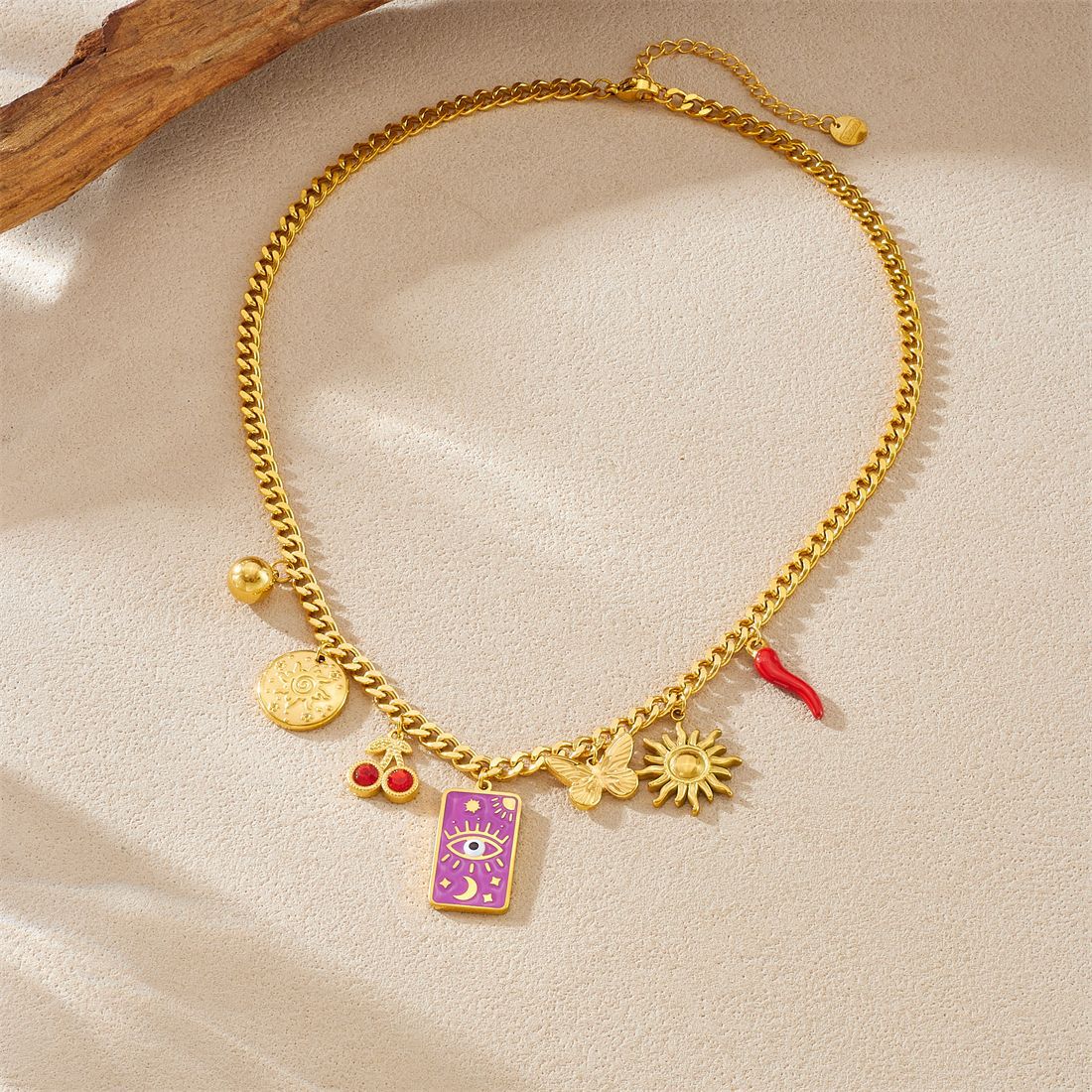 Sweet Streetwear Square Drip Oil Stainless Steel Necklace with Star Moon Butterfly Sun Eye Patterns and Serpentine Chain