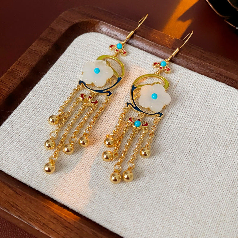 Vintage Floral Earrings with Enamel Finish and Tassel Detail in Alloy with 925 Silver Hooks for Women