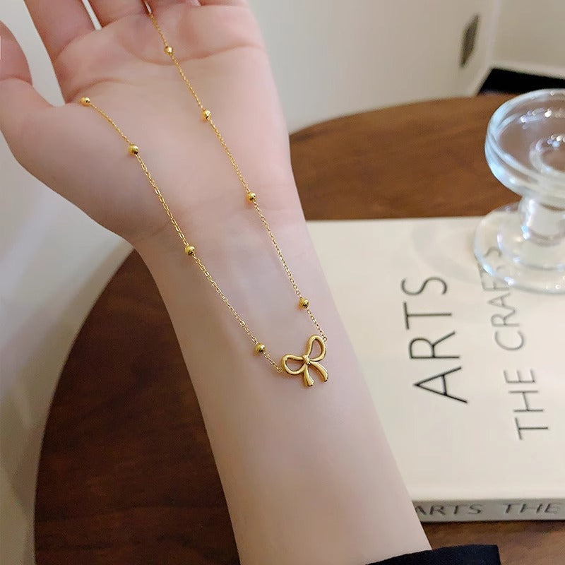 Minimalist Bow Knot Lucky Bead Necklace 18K Gold Plated Titanium Steel O-Chain Unisex
