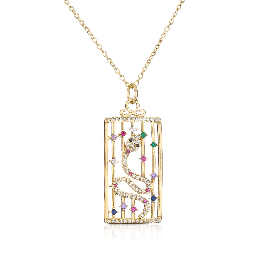 Minimalist Geometric Hollow Eye Crown Snake Necklace for Women in Copper with 18K Gold Plating and Zircon Inlay