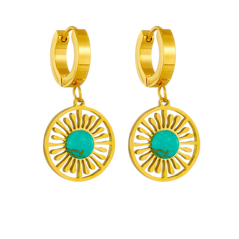 Orecchini pendenti da donna vintage minimalisti in acciaio al titanio placcato con cerchio geometrico e turchese