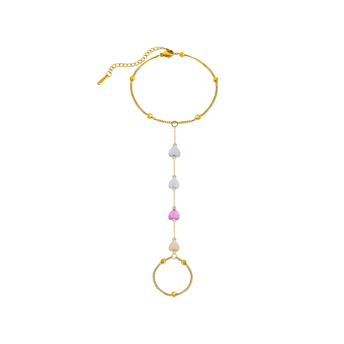 Elegant 18K Gold Plated Heart Geometric Stainless Steel Ball Chain Finger Bracelet for Women